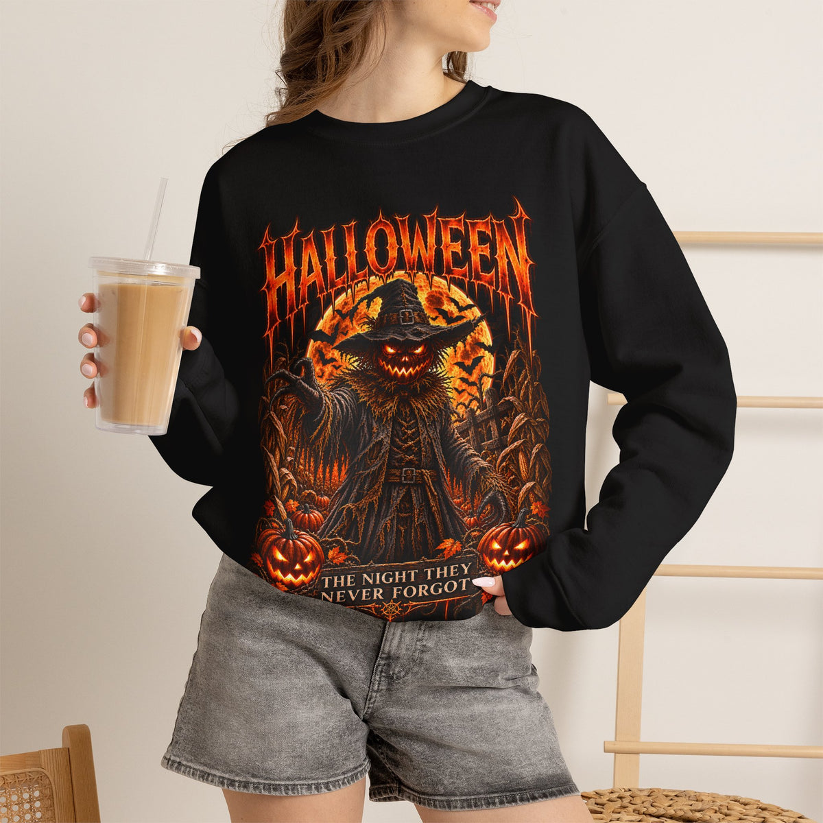 Never Forgotten Scarecrow Sweatshirt in Black — model view