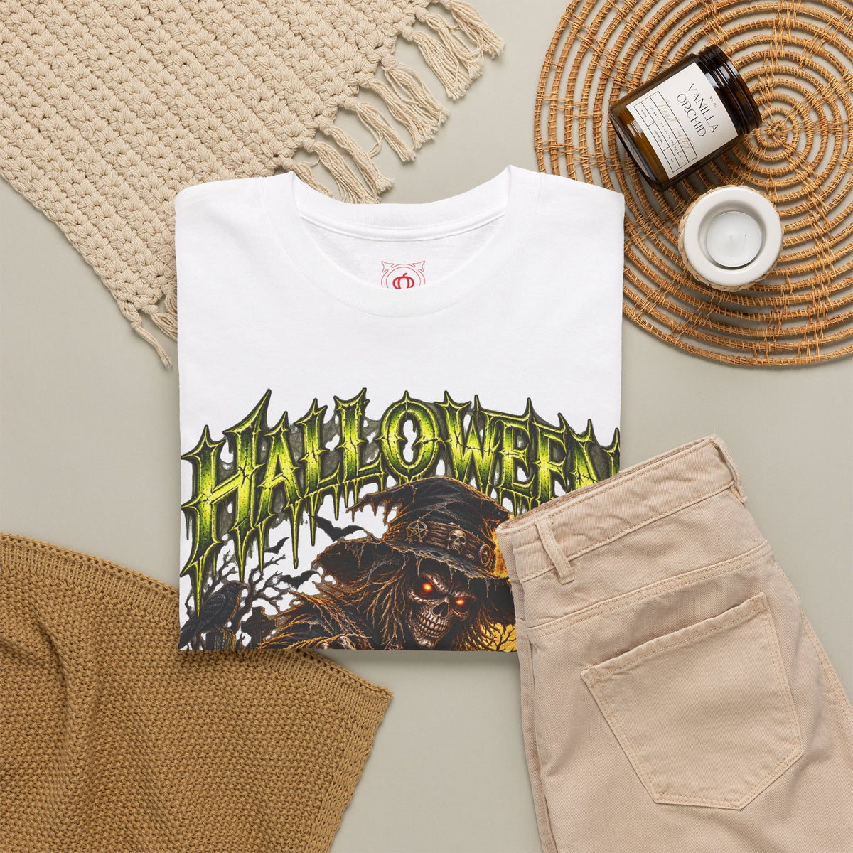 No One Leaves Scarecrow T-Shirt in White — folded view