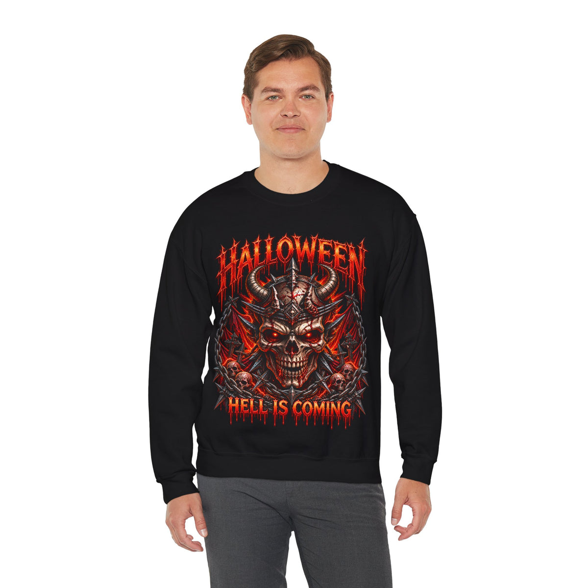 Hell Is Coming Horned Skull Sweatshirt in Black — model view
