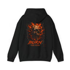 Burn the Fear Flaming Skull Hoodie in Black — back view