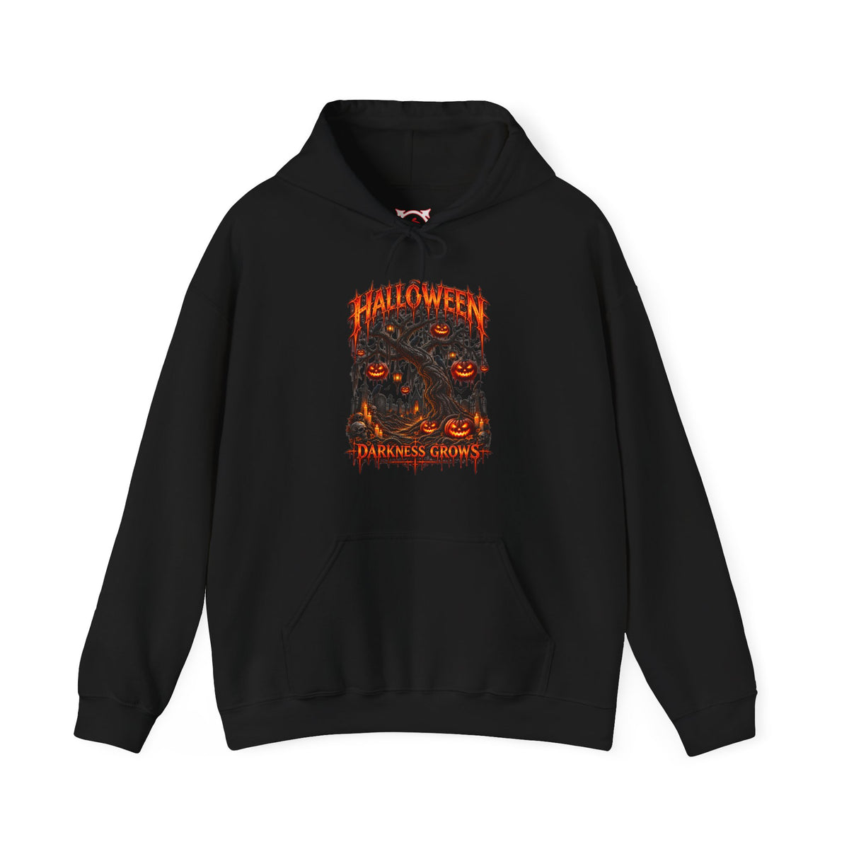 Darkness Grows Pumpkin Tree Hoodie in Black — front view