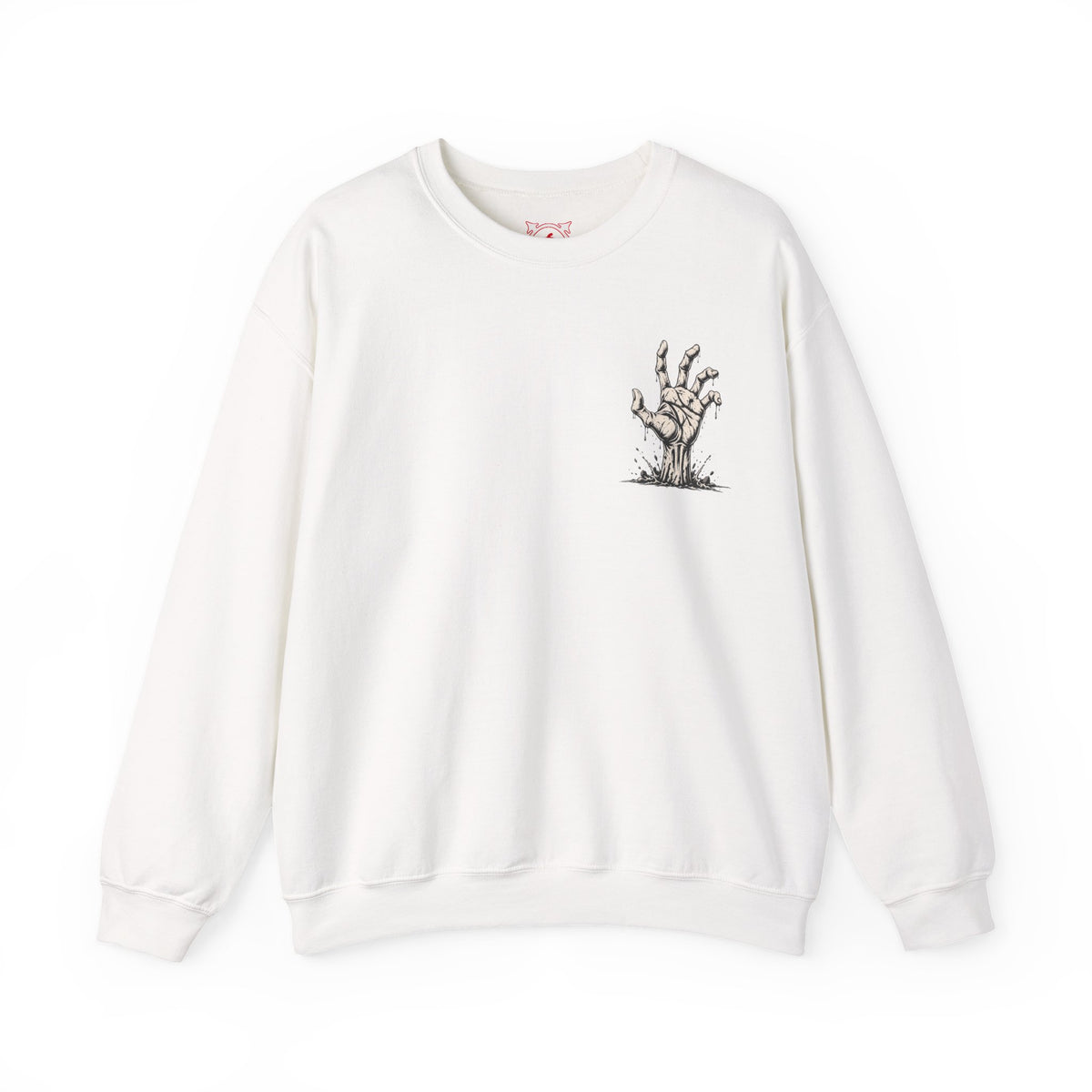 Still Reaching Zombie Hand Sweatshirt in White — front view