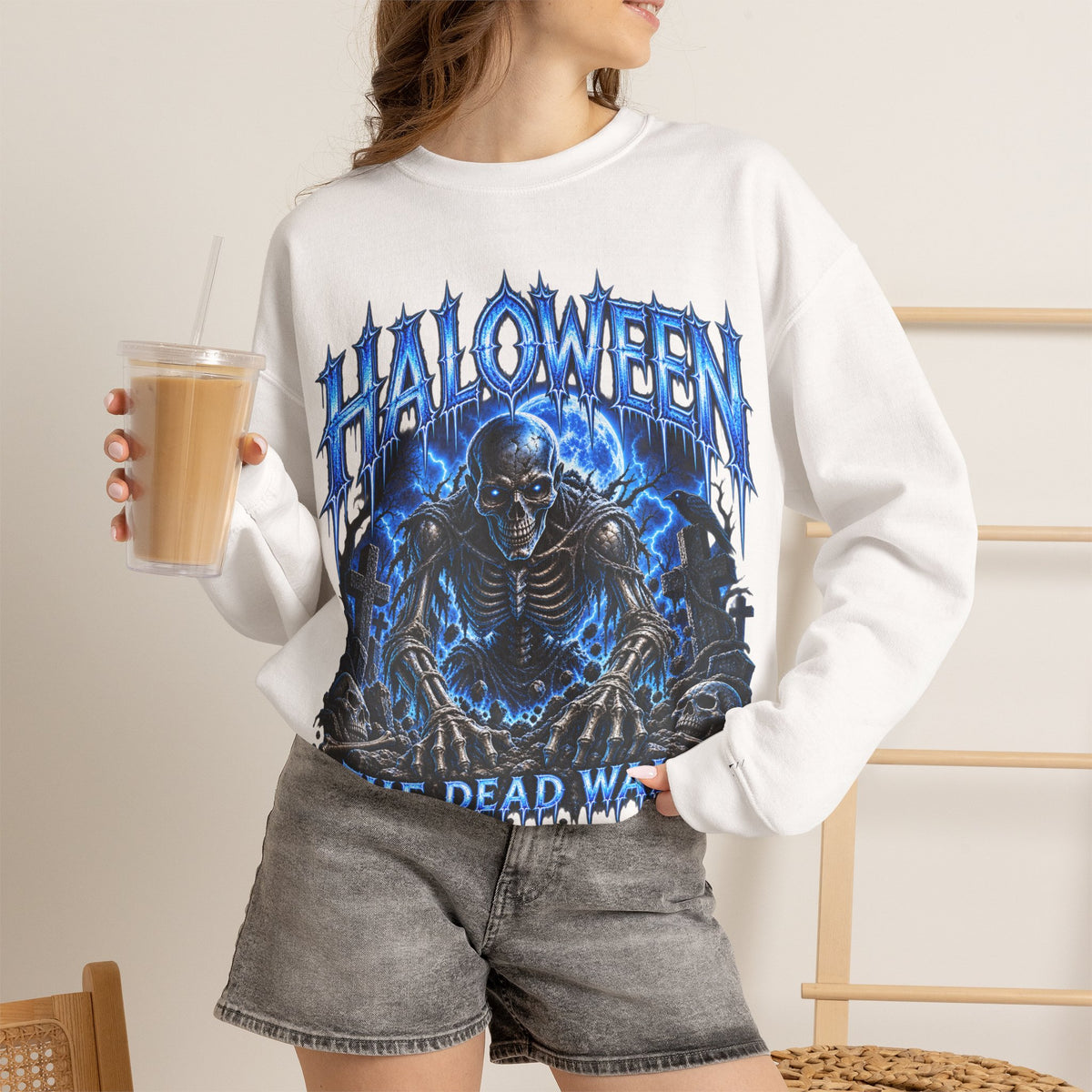 The Dead Walk Skeleton Sweatshirt in White — model view