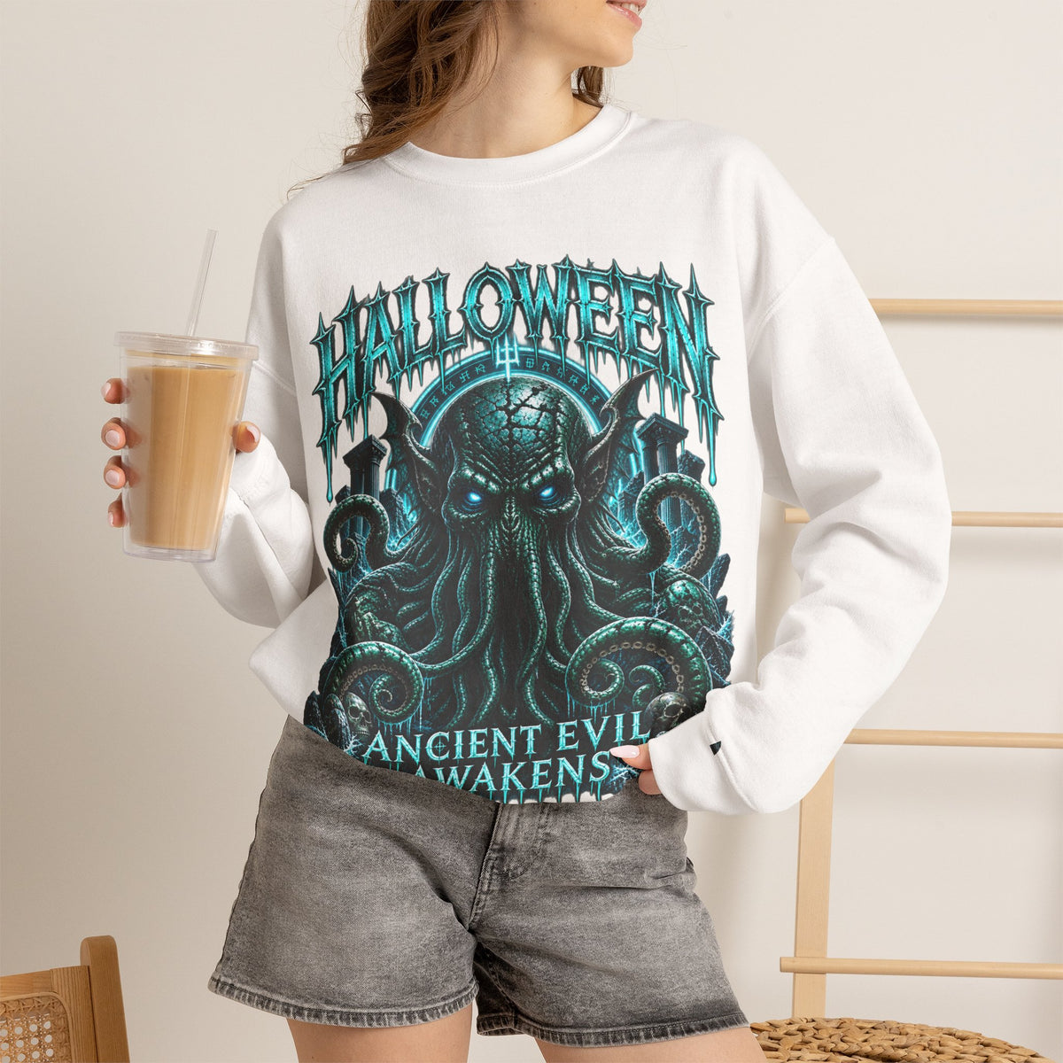 Ancient Awakening Tentacle Creature Sweatshirt in White — model view