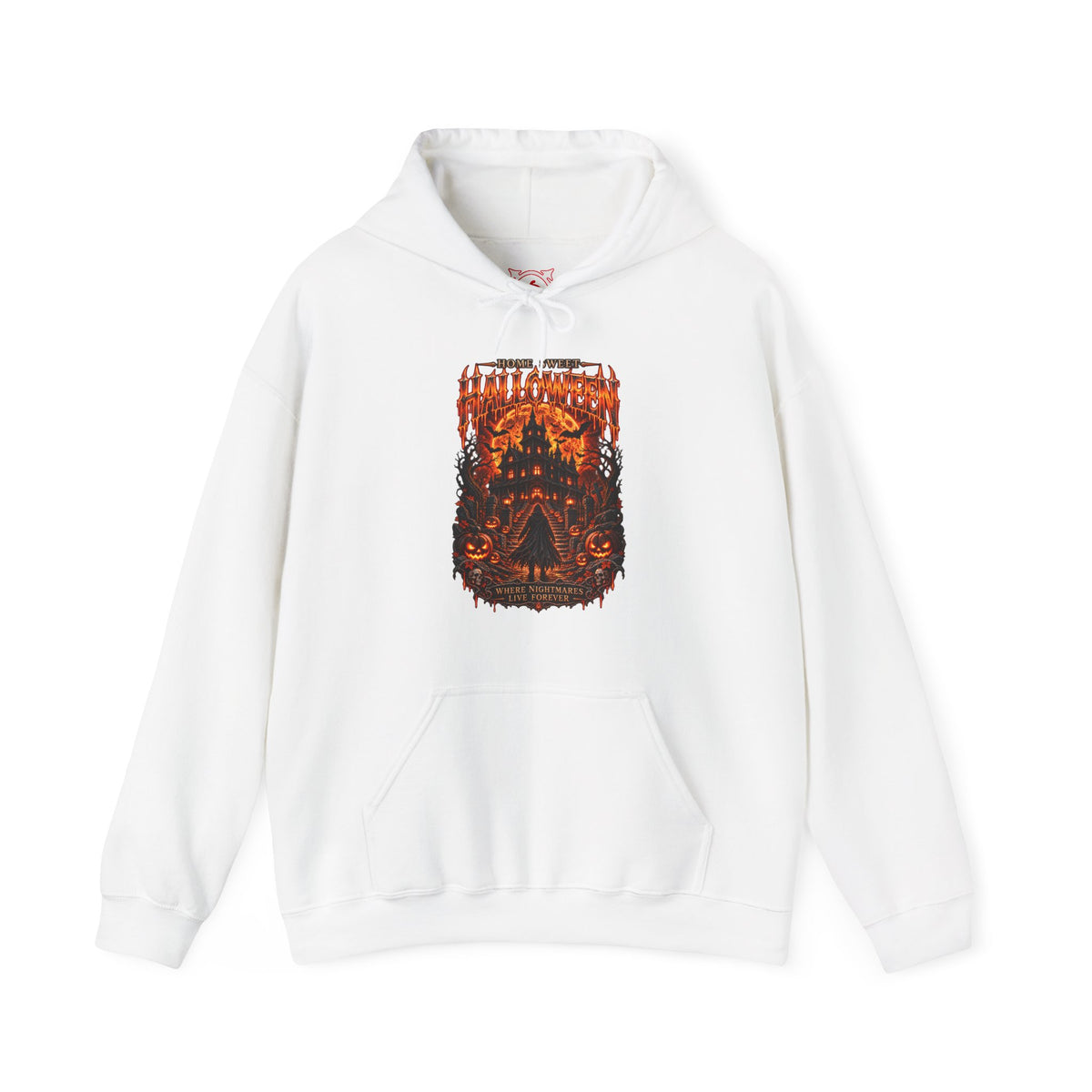 Home Sweet Halloween Haunted House Hoodie in White — front view