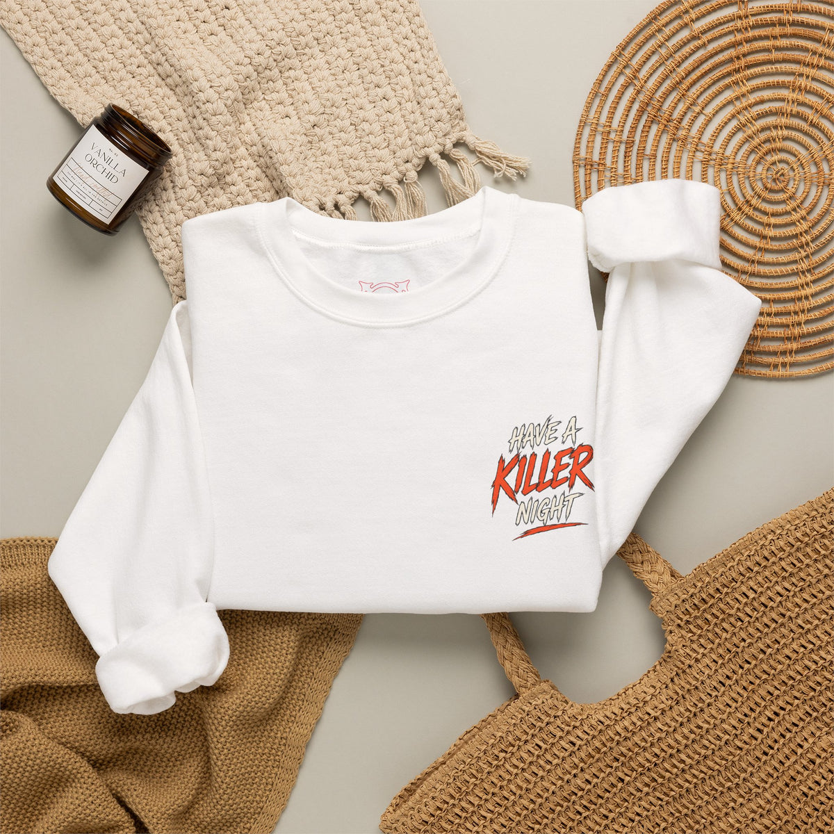 Killer Night Halloween Sweatshirt in White — folded view