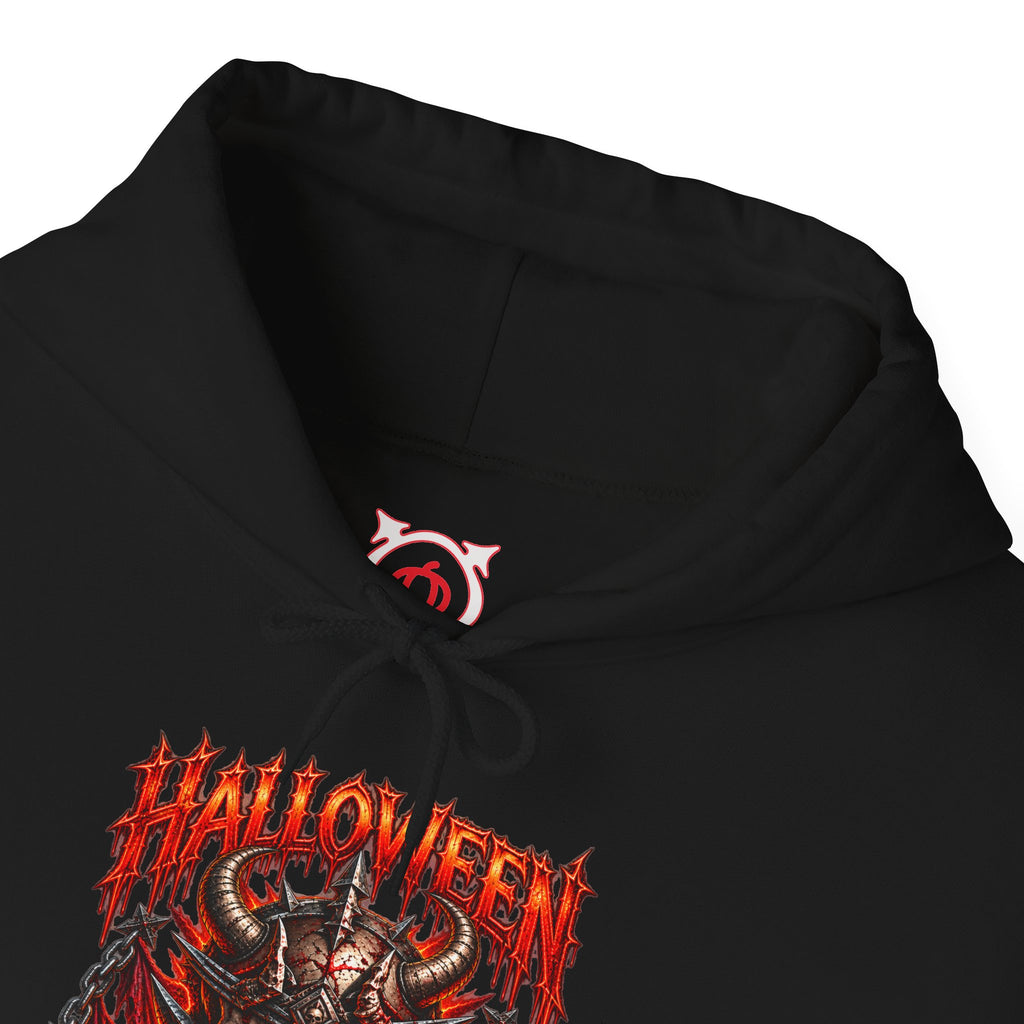 Hell Is Coming Horned Skull Hoodie in Black — front view