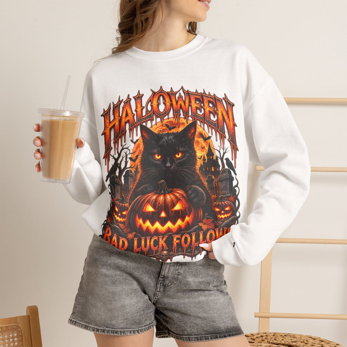 Bad Luck Follows Black Cat Sweatshirt in White — model view