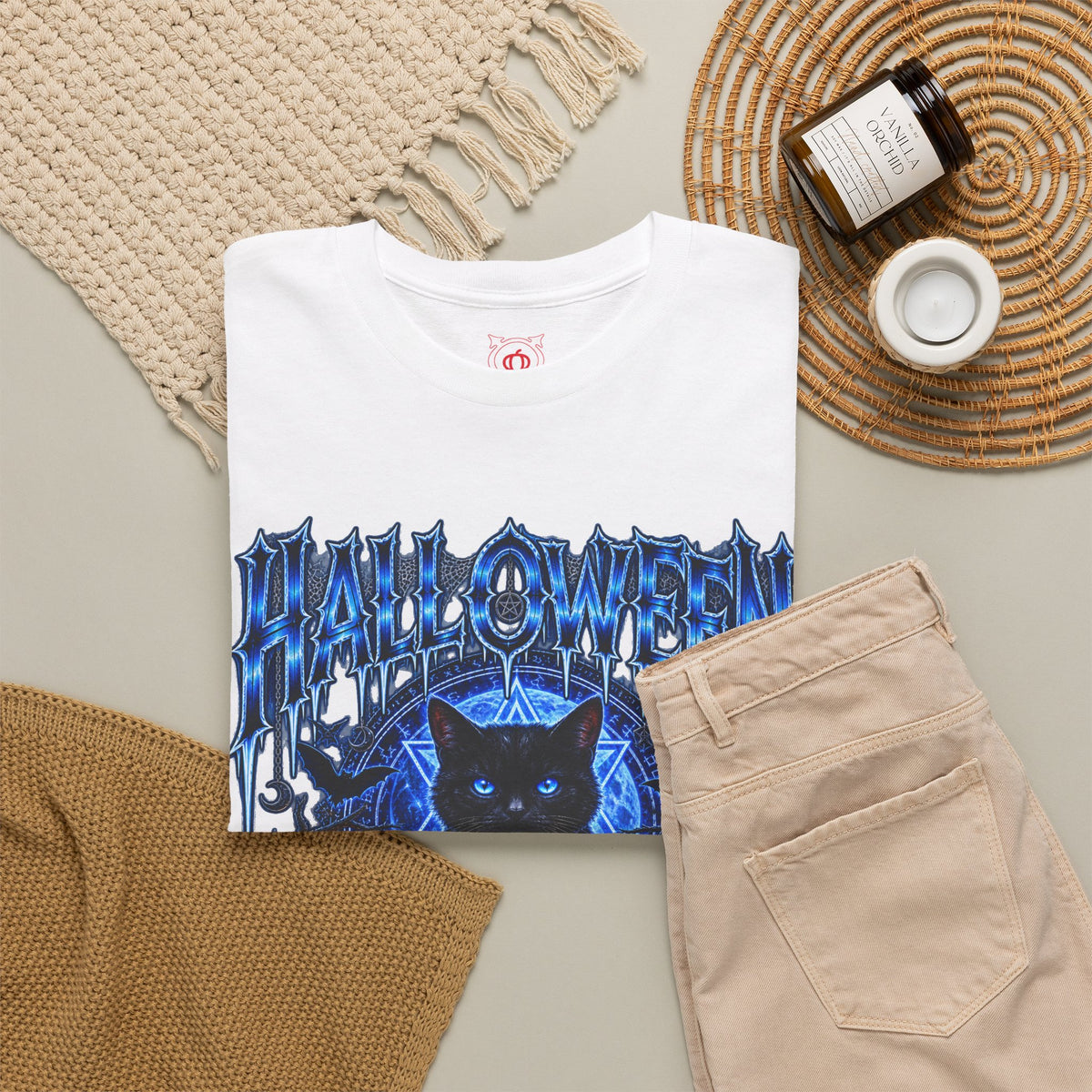 Black Cat Ritual T-Shirt in White — folded view