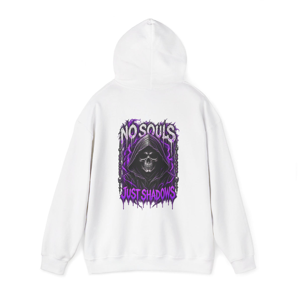 No Souls Just Shadows Grim Reaper Hoodie in White — back view