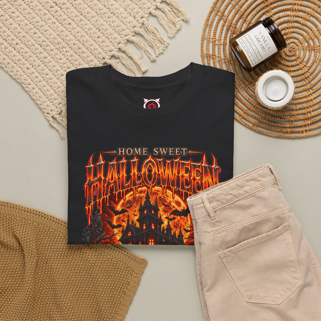 Home Sweet Halloween Haunted House T-Shirt in Black — folded view