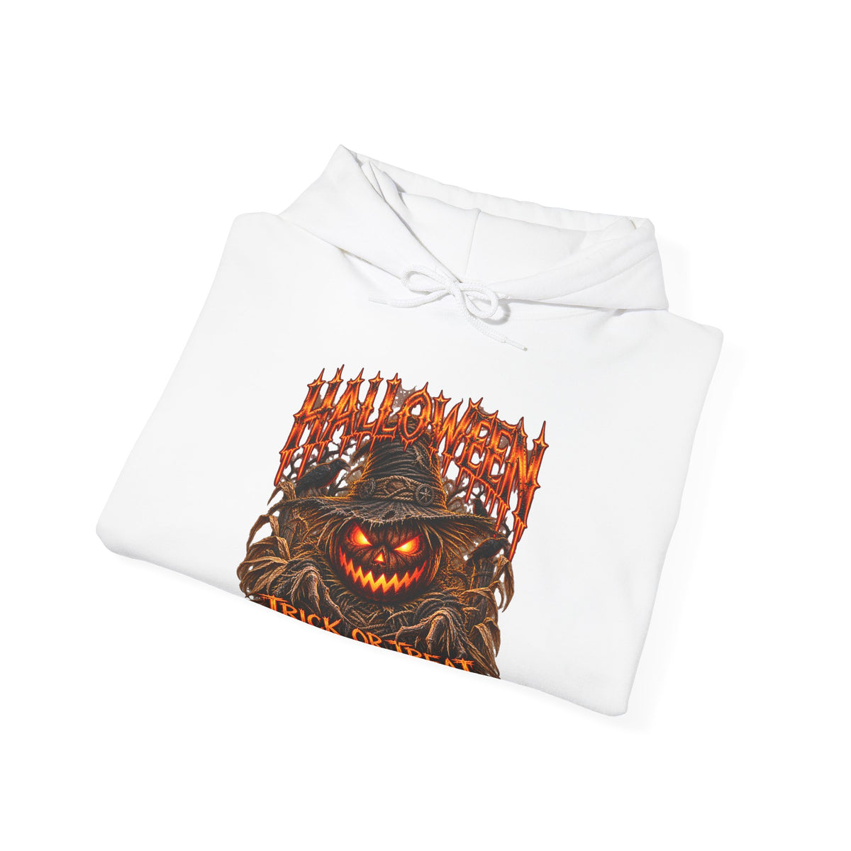 Trick or Treat Pumpkin Scarecrow Hoodie in White — folded view