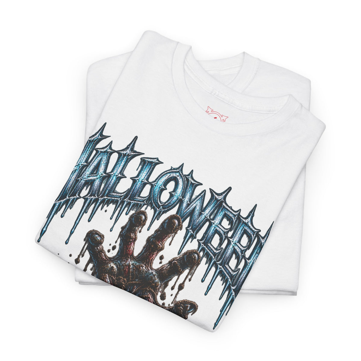 Never Stay Buried Zombie Hand T-Shirt in White — folded view