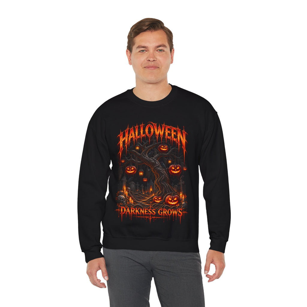 Darkness Grows Pumpkin Tree Sweatshirt in Black — model view
