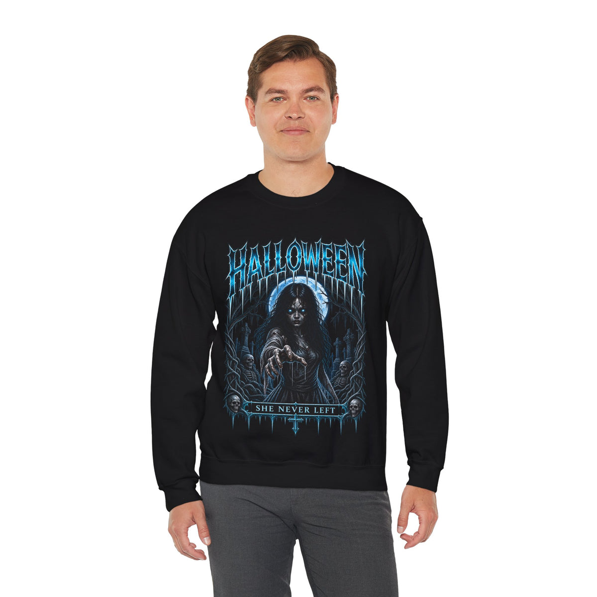 She Never Left Ghost Sweatshirt in Black — model view