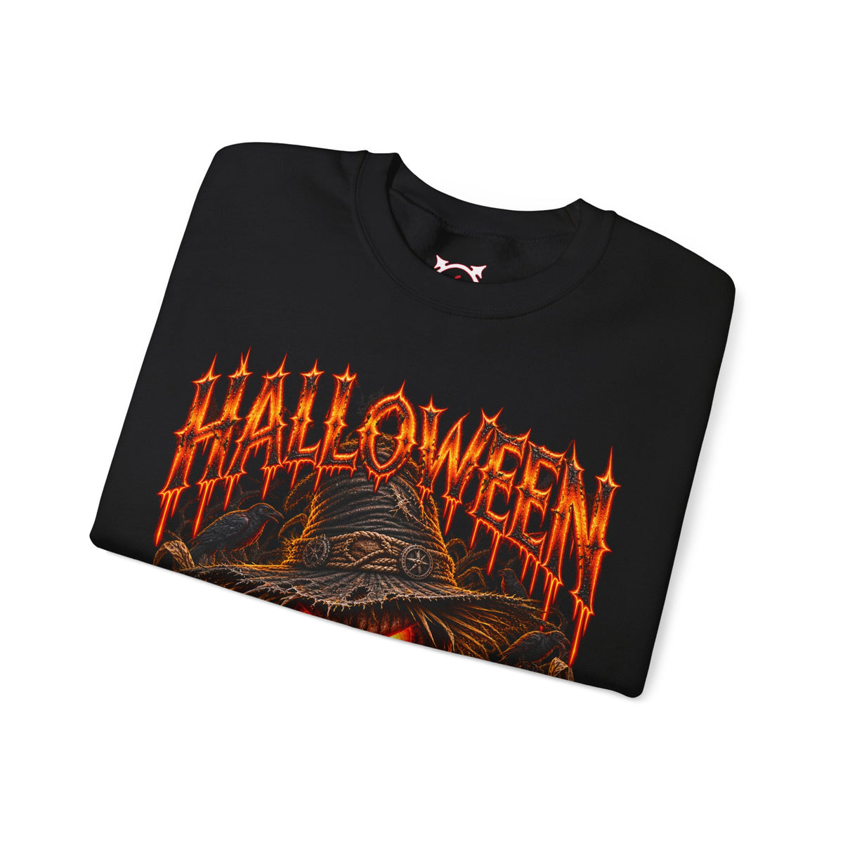 Trick or Treat Pumpkin Scarecrow Sweatshirt in Black — folded view