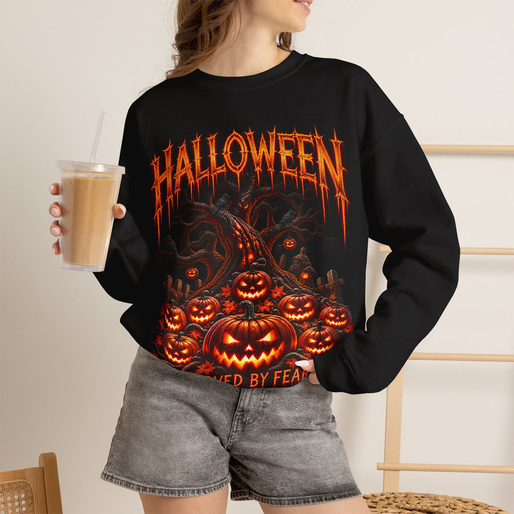 Carved by Fear Pumpkin Sweatshirt in Black — model view