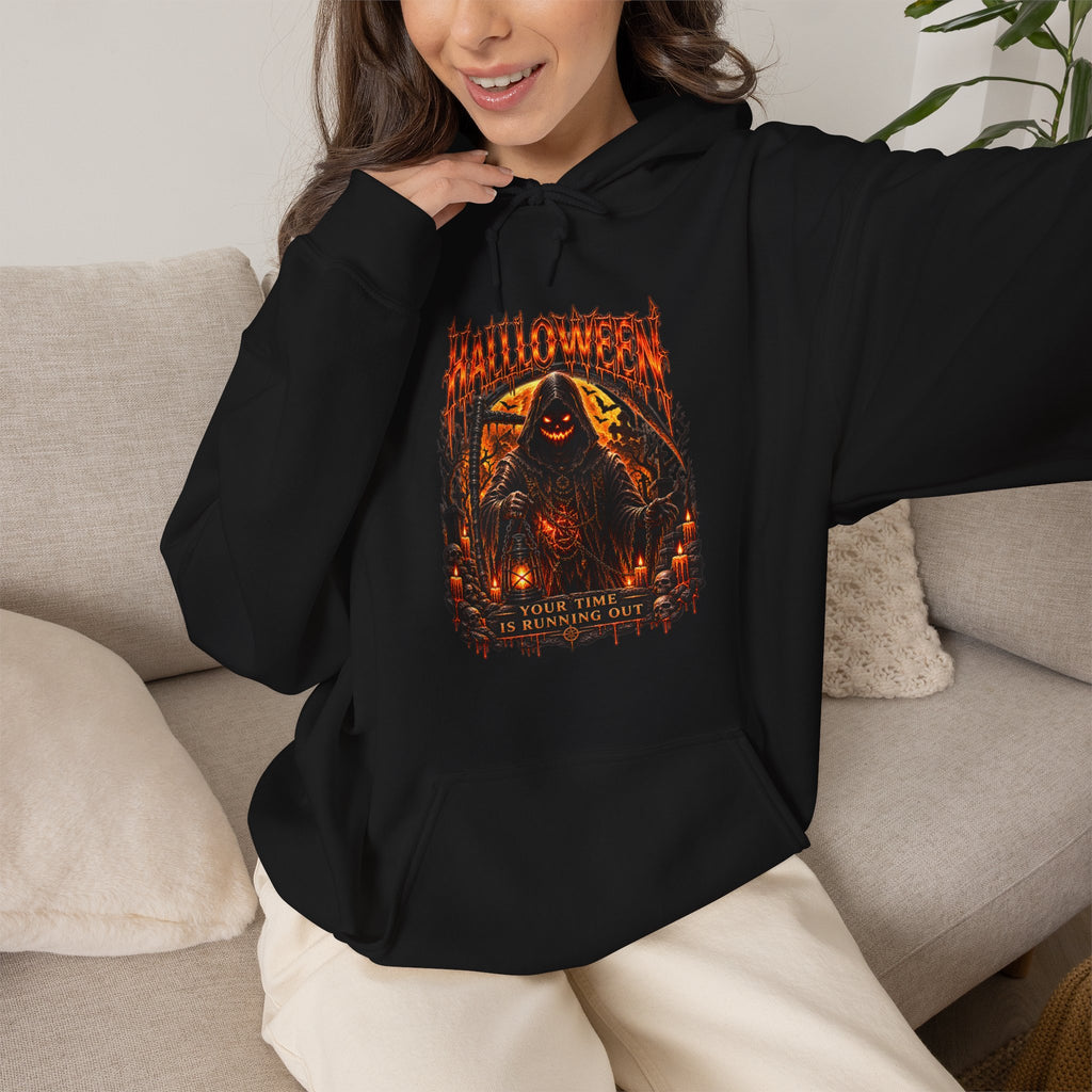 Time Is Running Out Grim Reaper Hoodie in Black — model view