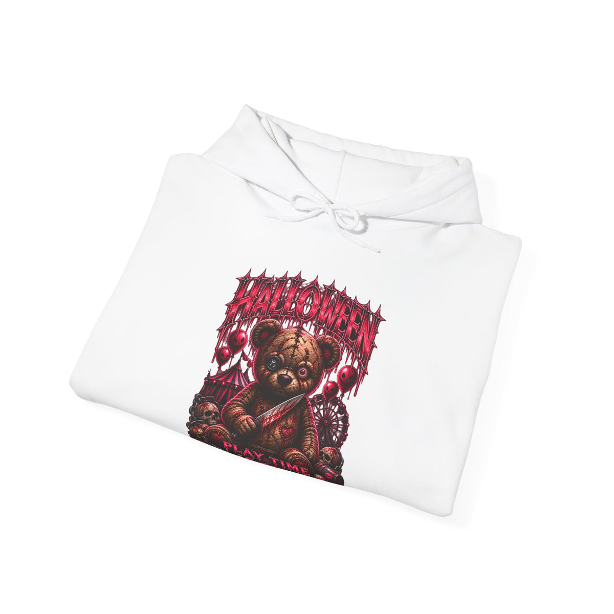 Playtime Is Over Creepy Teddy Bear Hoodie in White — folded view