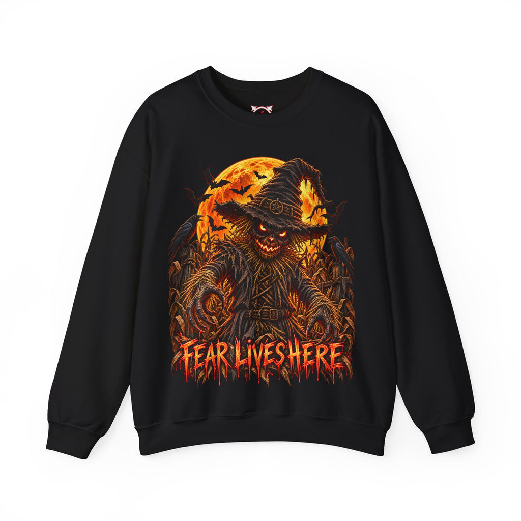 Fear Lives Here Scarecrow Sweatshirt in Black — front view