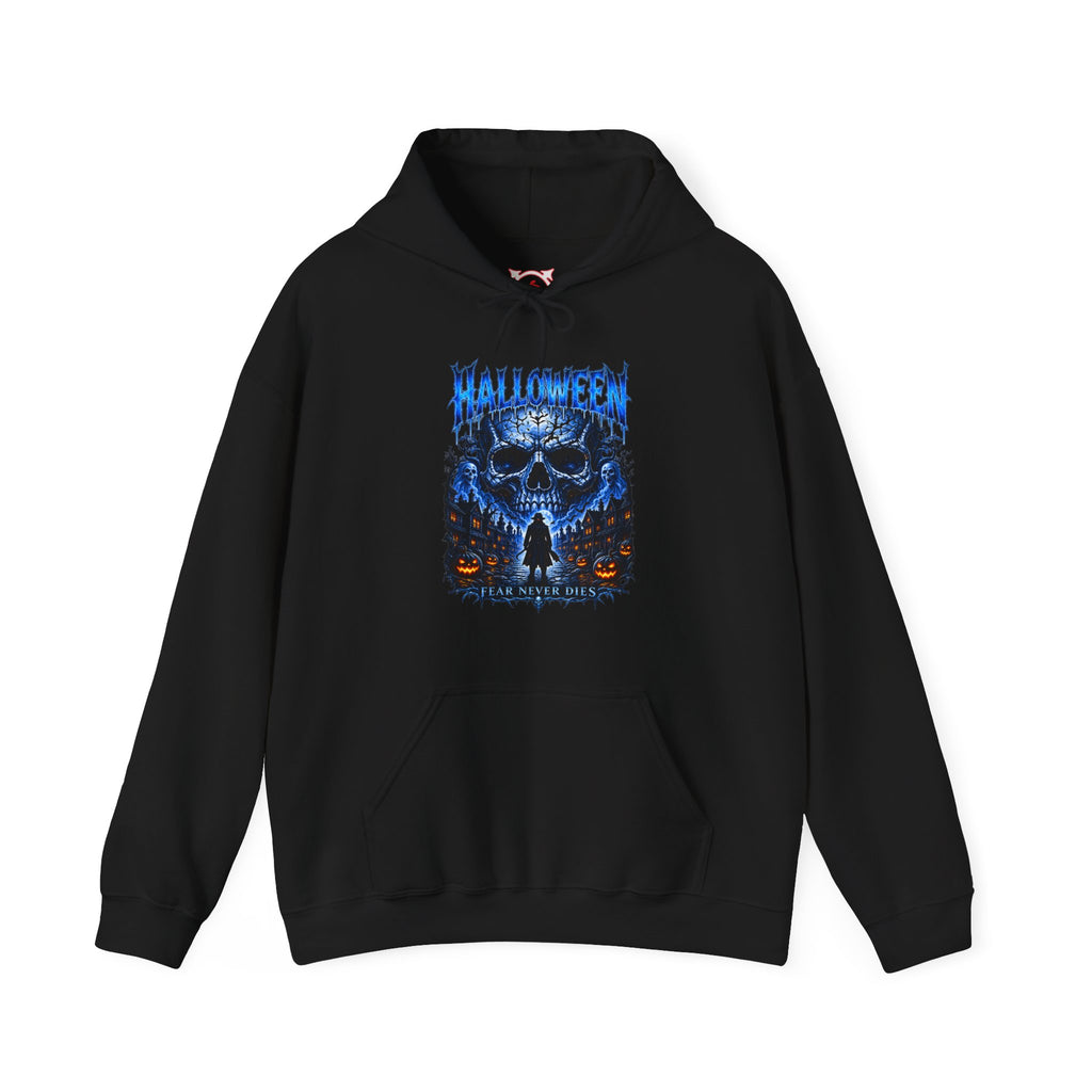 Fear Never Dies Skull Hoodie in Black — front view