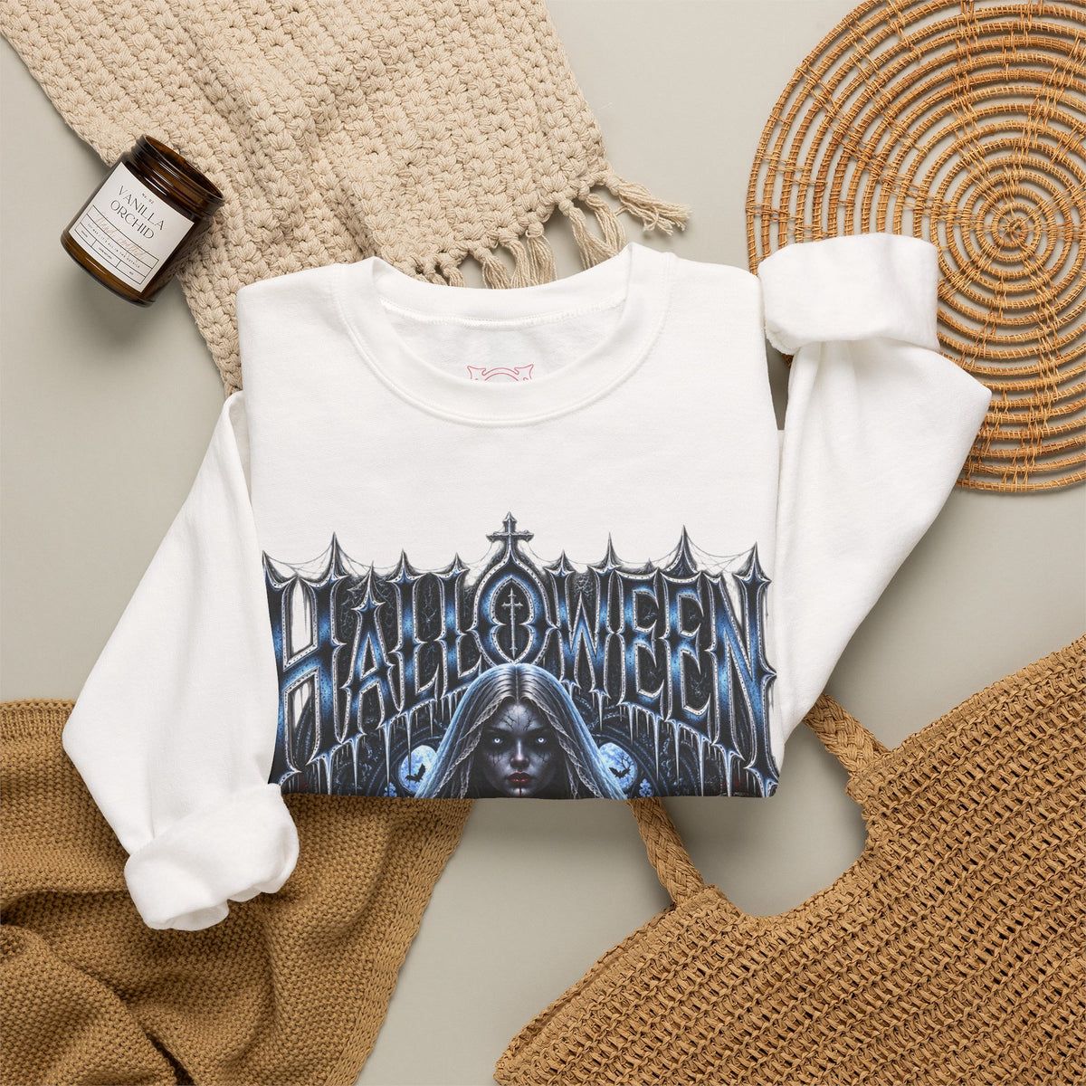 Midnight Vows Gothic Bride Sweatshirt in White — folded view