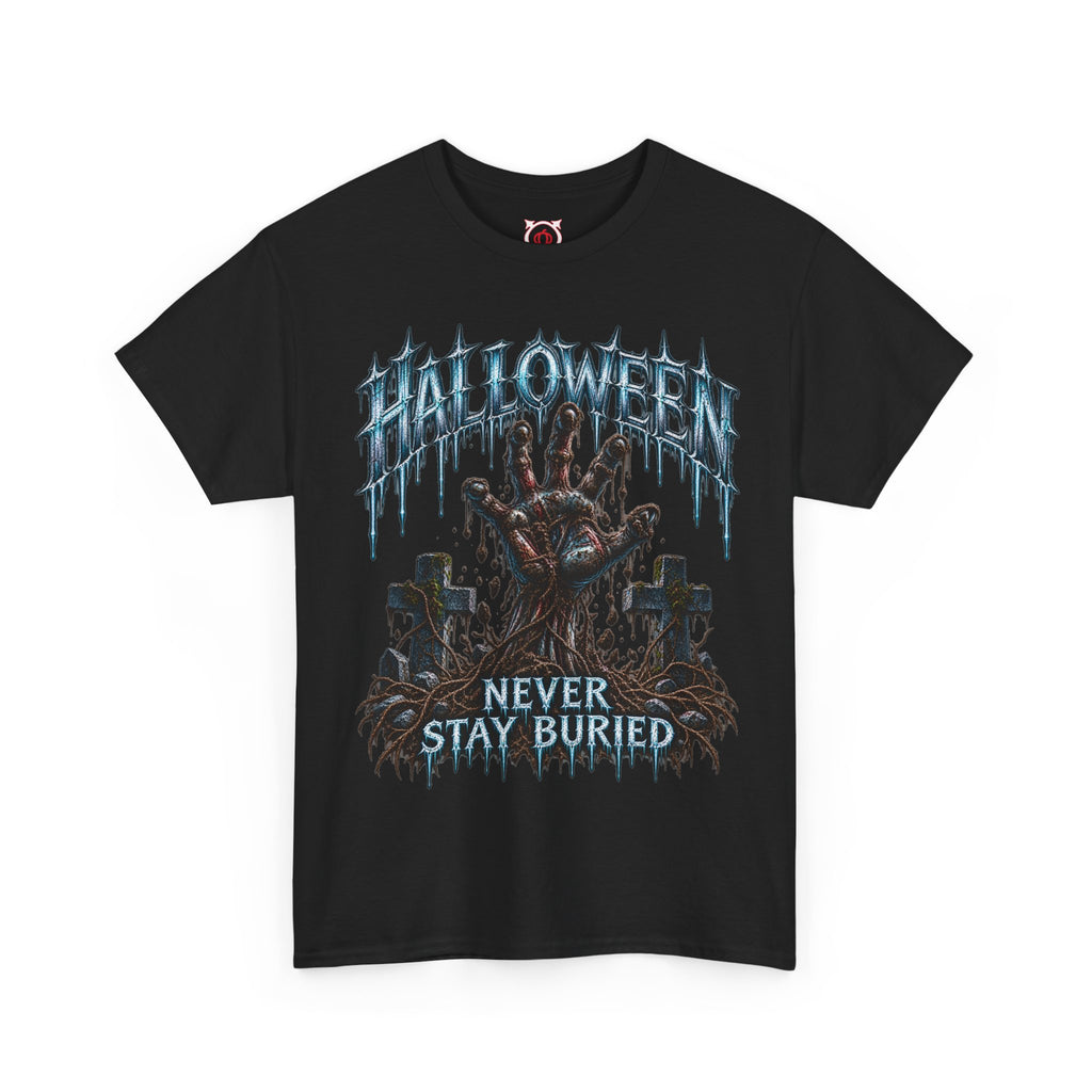 Never Stay Buried Zombie Hand T-Shirt in Black — front view