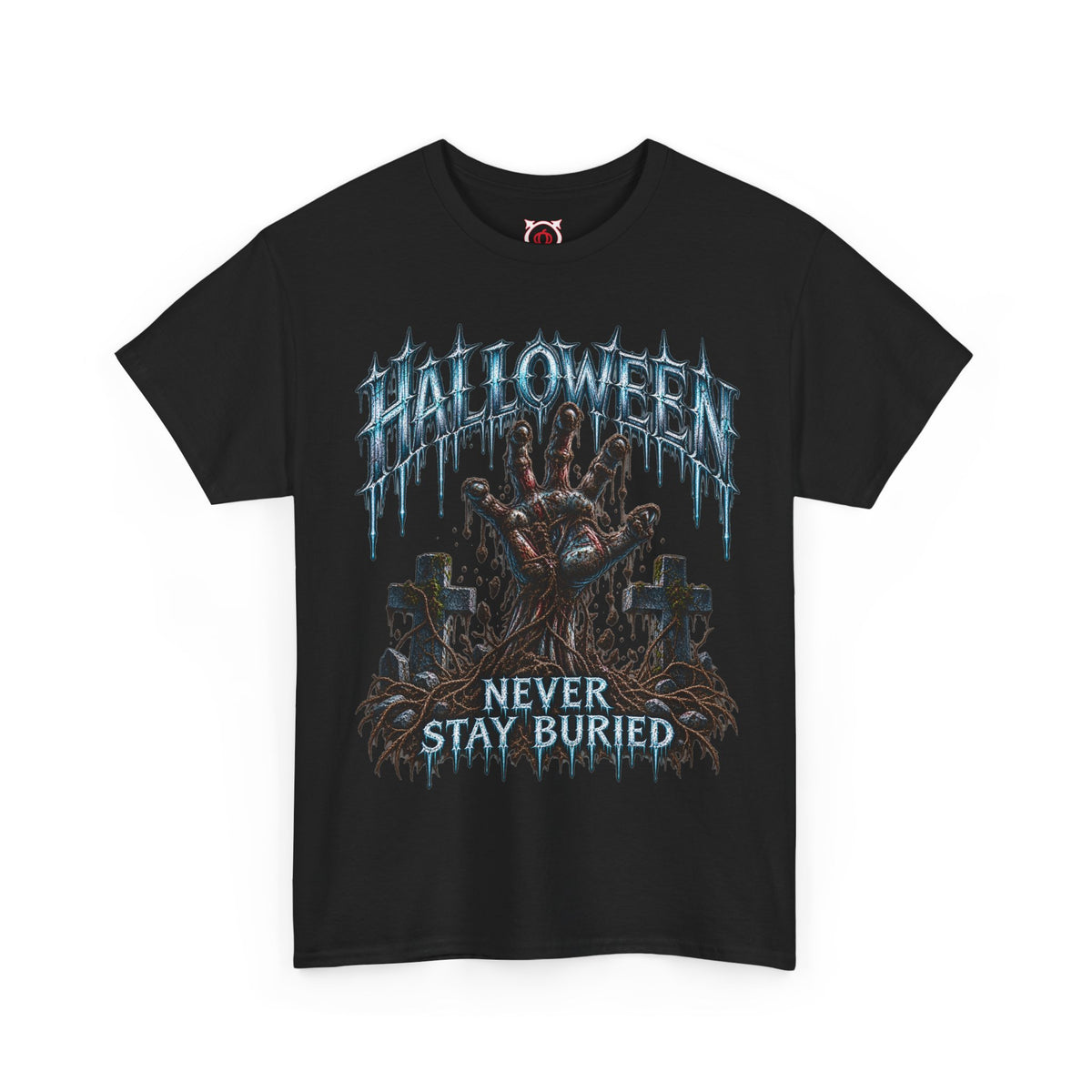 Never Stay Buried Zombie Hand T-Shirt in Black — front view