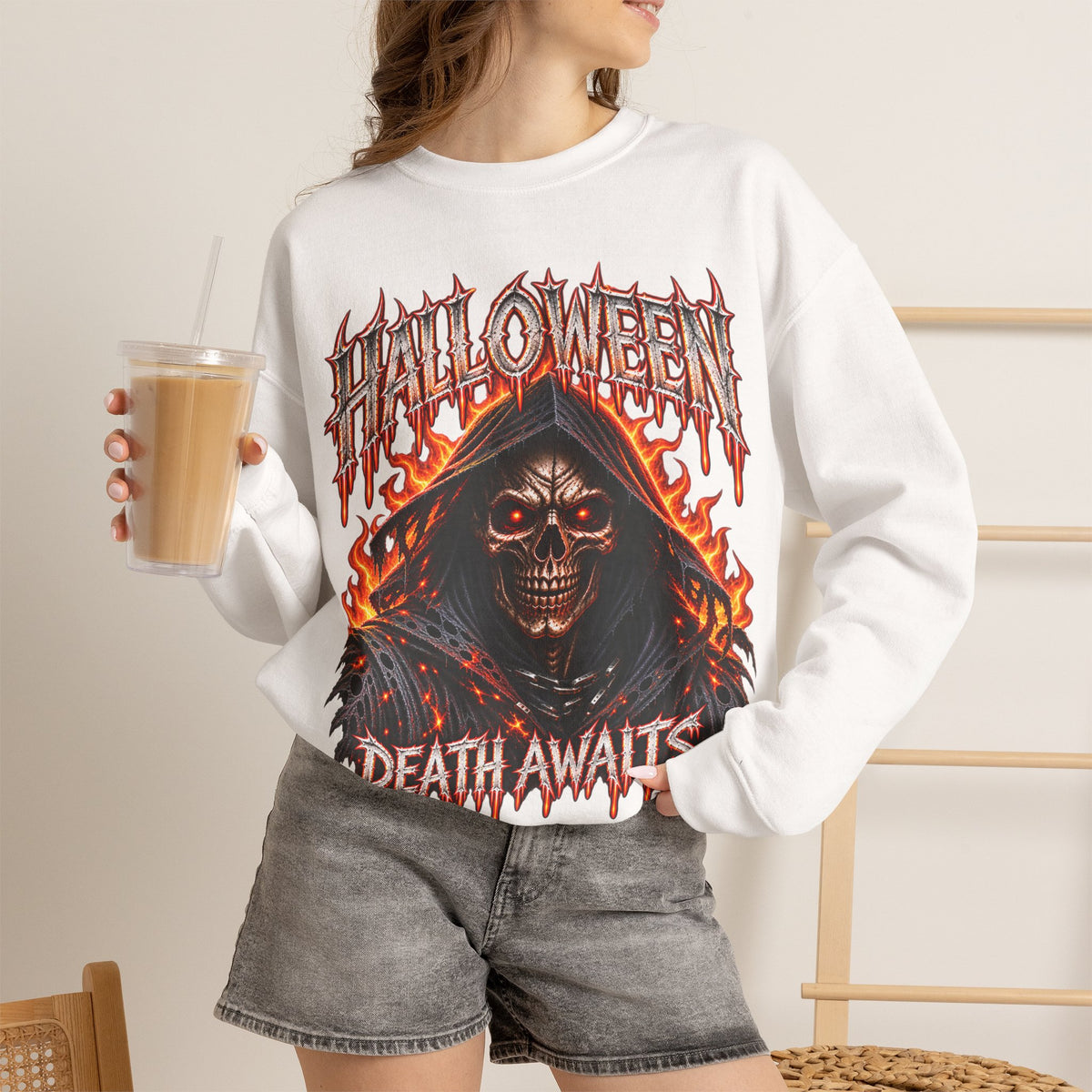 Death Awaits Grim Reaper Sweatshirt in White — model view