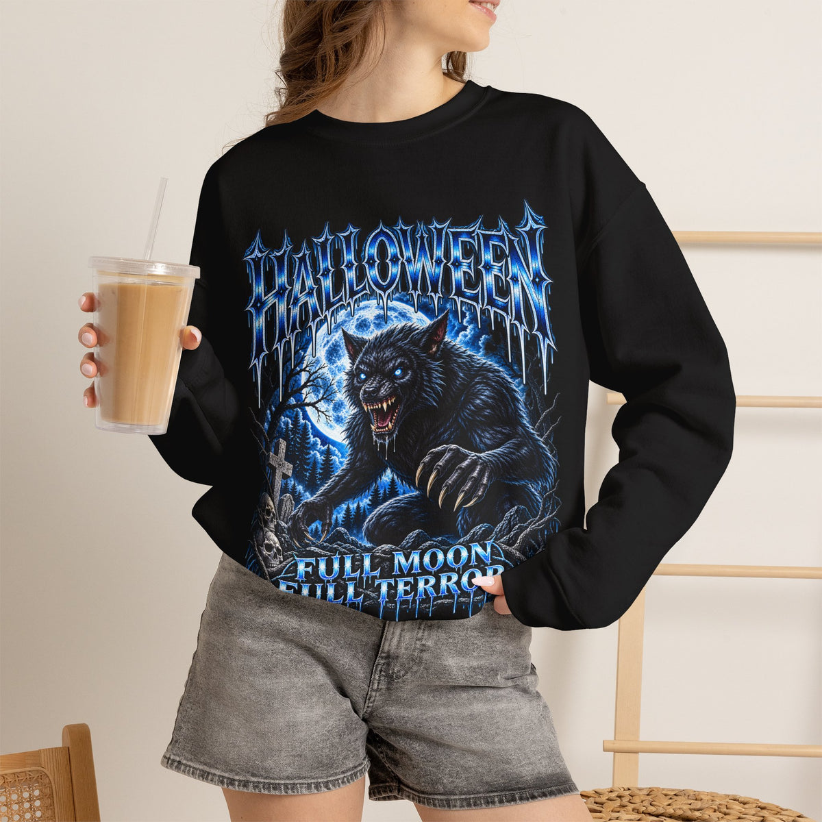 Full Moon Terror Werewolf Sweatshirt in Black — model view