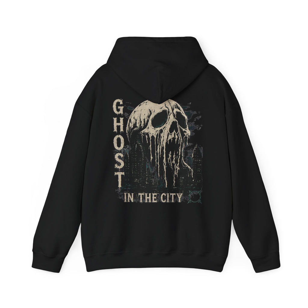 Ghost in the City Skull Hoodie in Black — back view