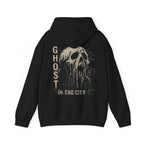 Ghost in the City Skull Hoodie in Black — back view
