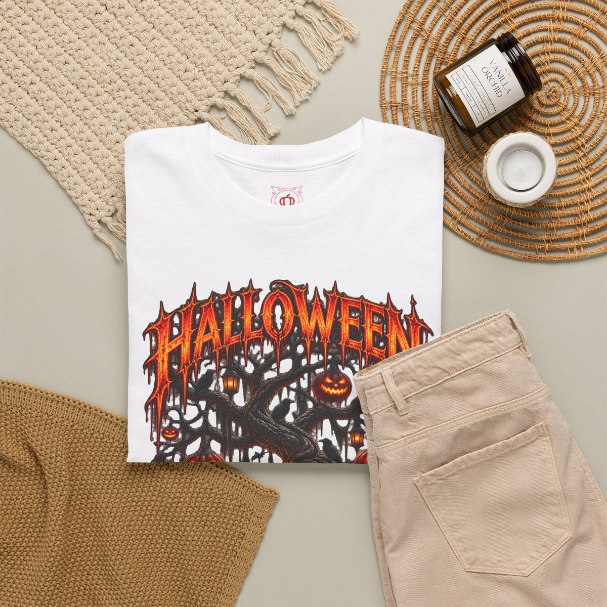 Darkness Grows Pumpkin Tree T-Shirt in White — folded view