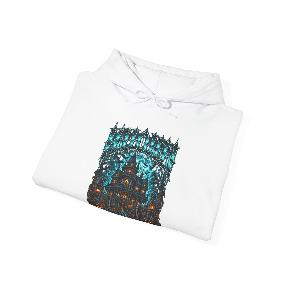 Midnight Manor Haunted House Hoodie in White — folded view