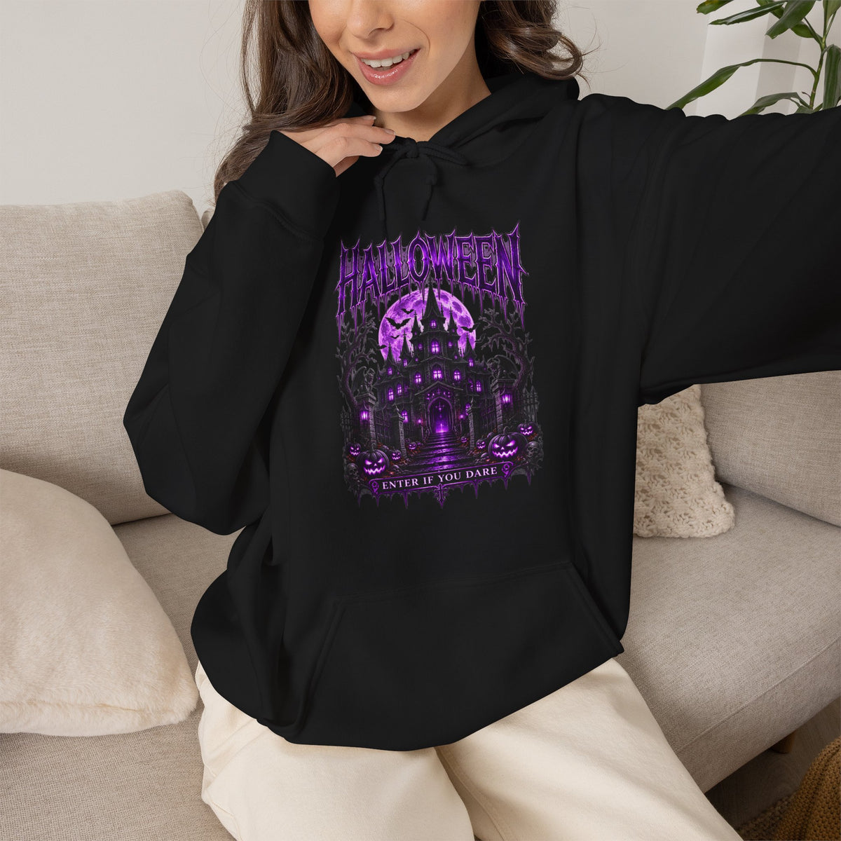 Enter If You Dare Haunted House Hoodie in Black — model view