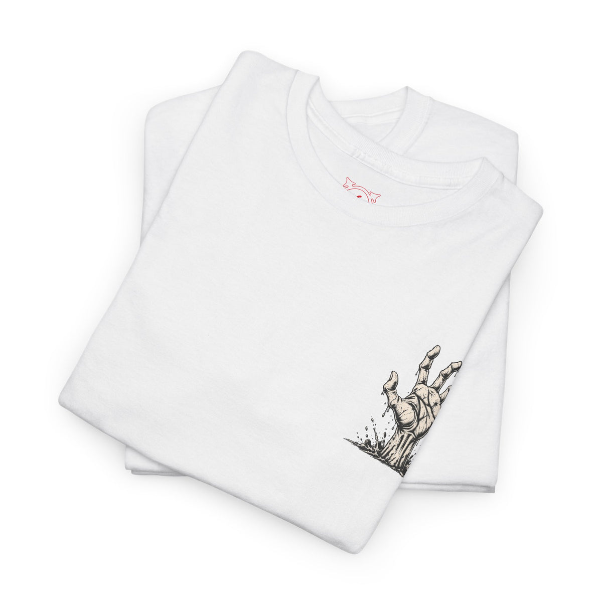 Still Reaching Zombie Hand T-Shirt in White — folded view