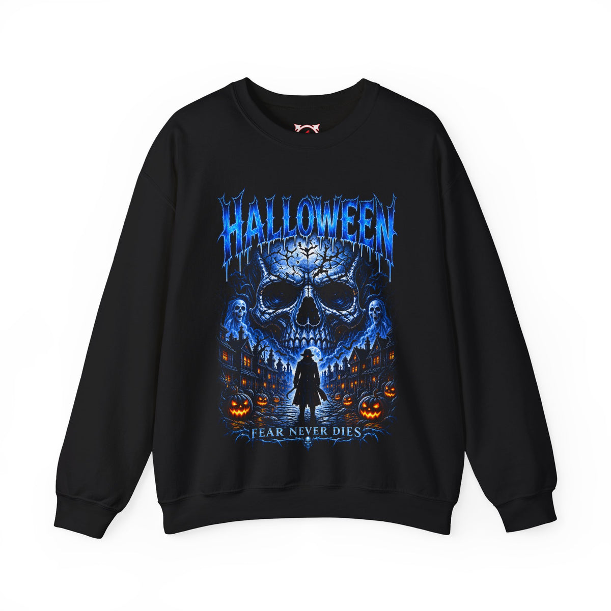 Fear Never Dies Skull Sweatshirt in Black — front view