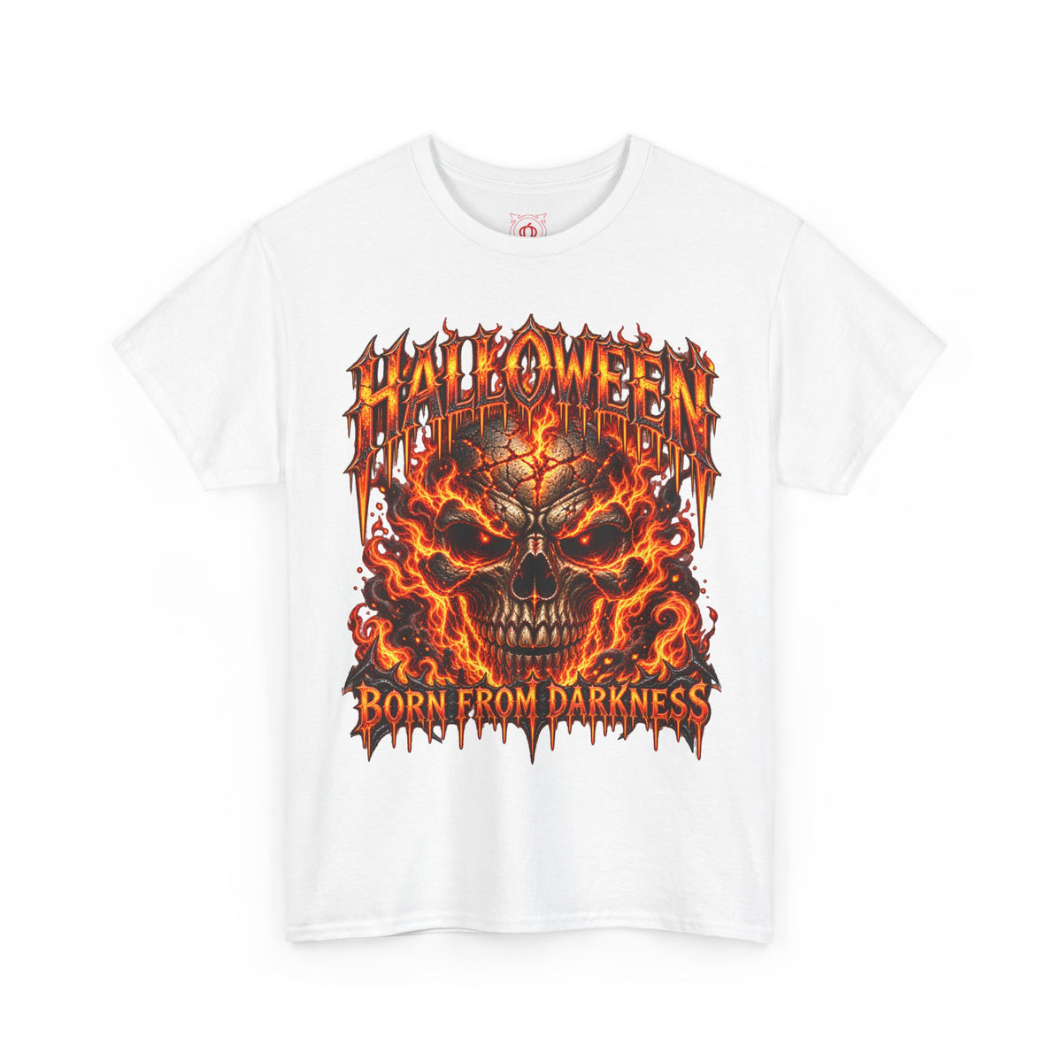 Born from Darkness Flaming Skull T-Shirt in White — front view