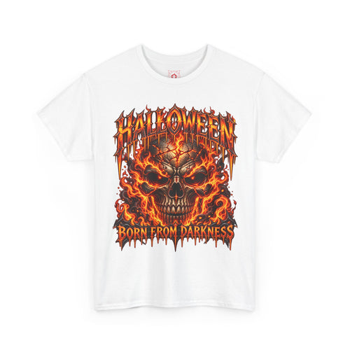 Born from Darkness Flaming Skull T-Shirt in White — front view