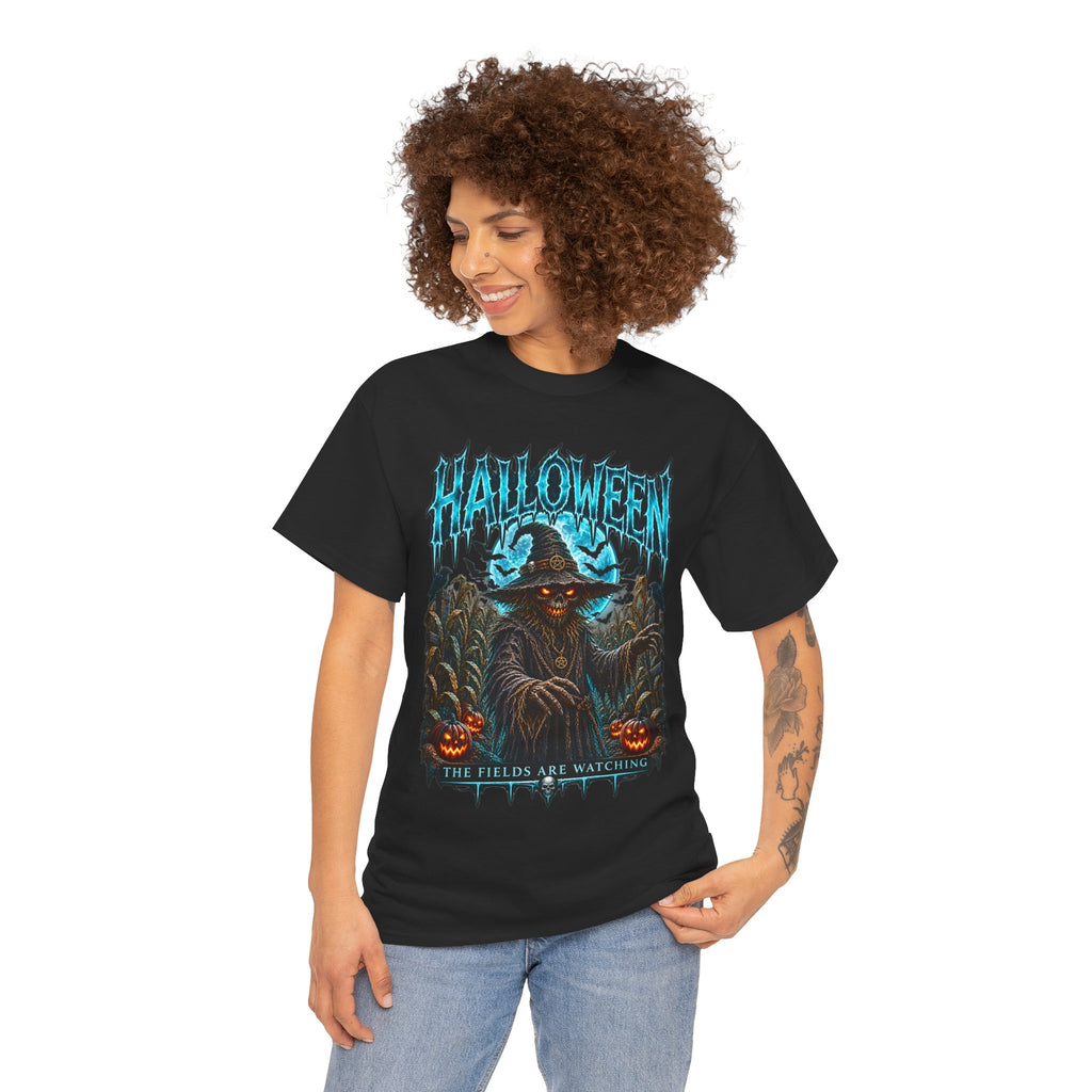 The Fields Are Watching Scarecrow T-Shirt in Black — model view