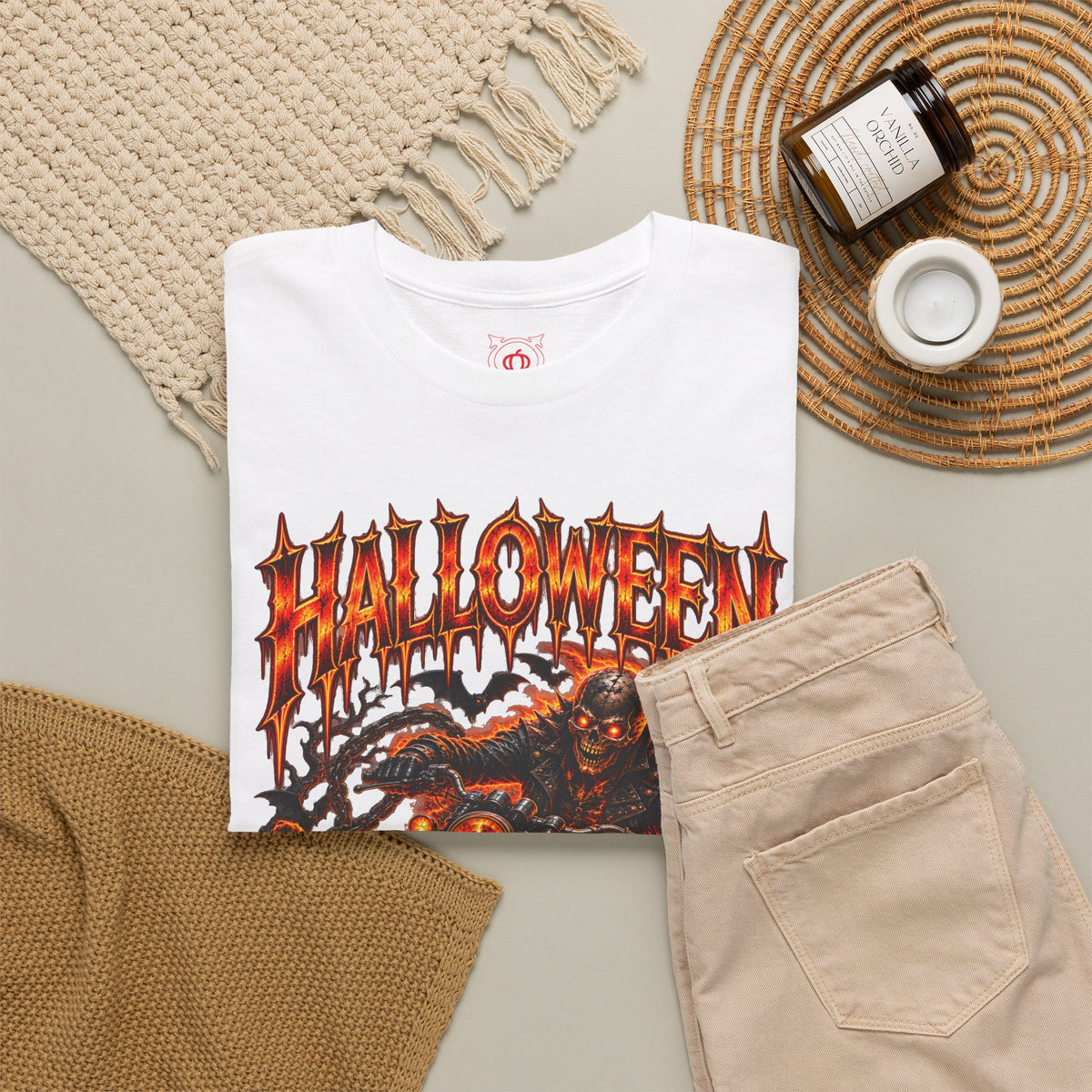 Ride or Die Skeleton Biker T-Shirt in White — folded view