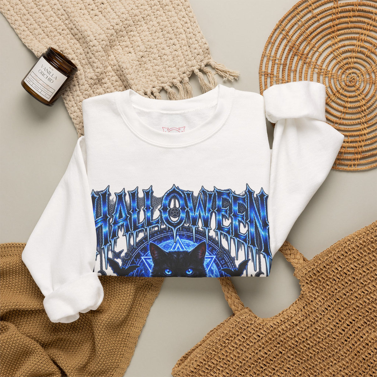 Black Cat Ritual Sweatshirt in White — folded view