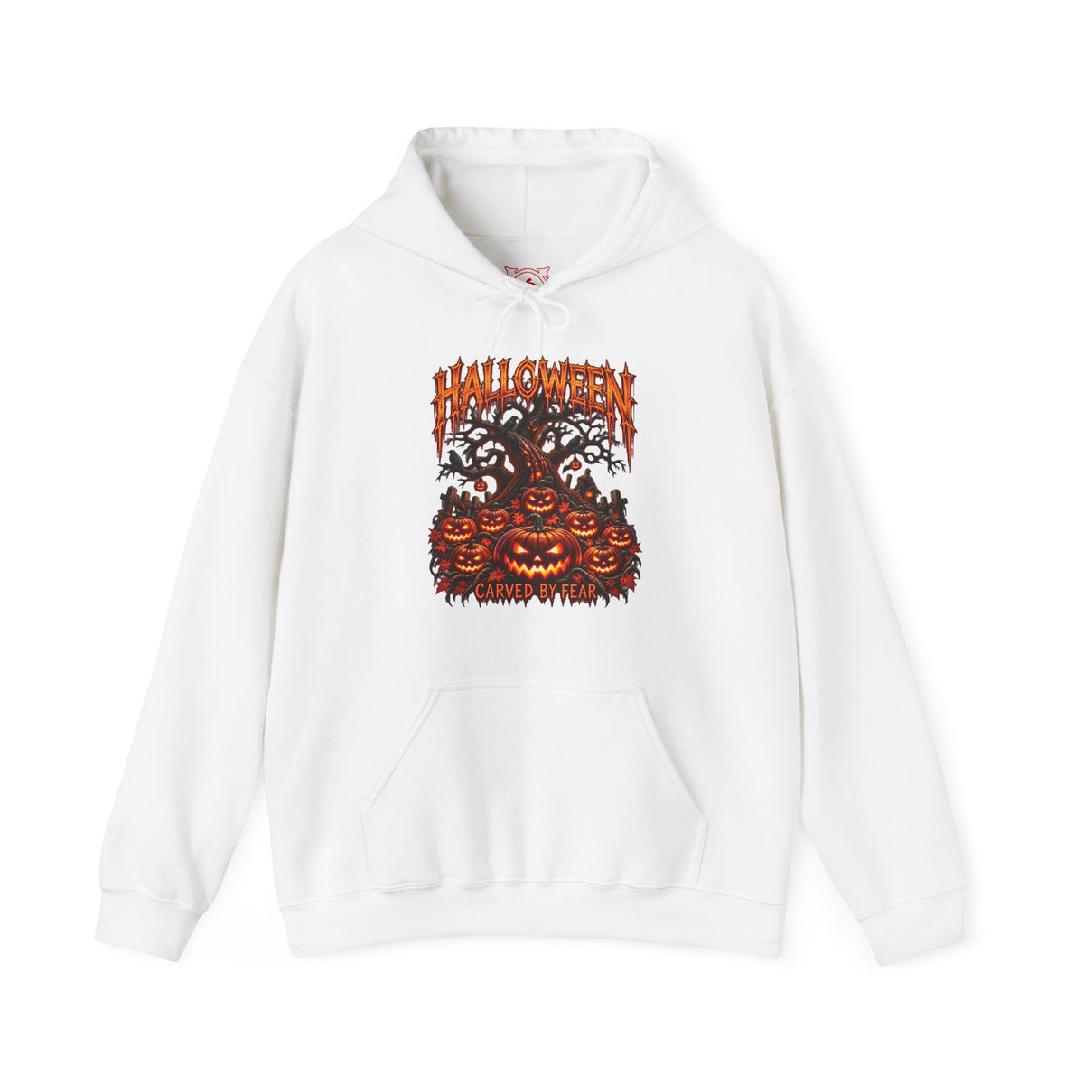 Carved by Fear Pumpkin Hoodie in White — front view