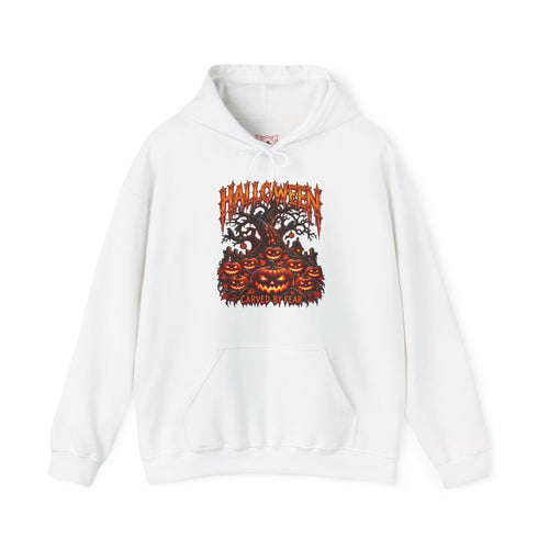 Carved by Fear Pumpkin Hoodie in White — front view