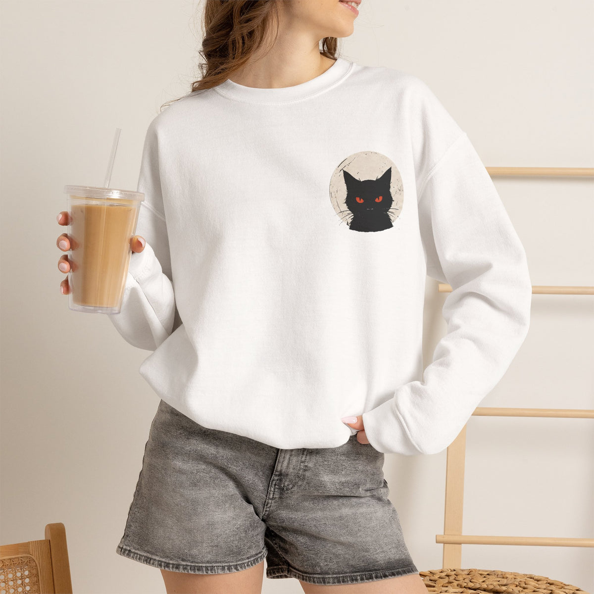 Black Cat Moon Sweatshirt in White — model view