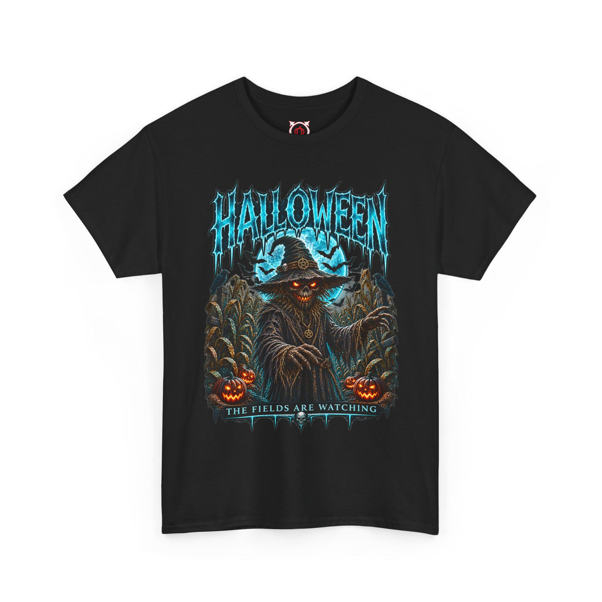 The Fields Are Watching Scarecrow T-Shirt in Black — front view