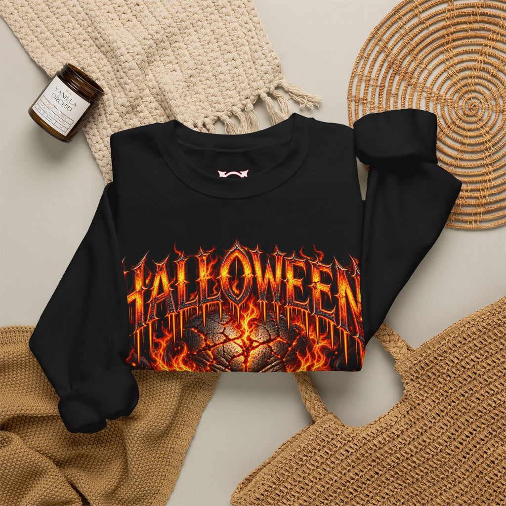 Born from Darkness Flaming Skull Sweatshirt in Black — folded view