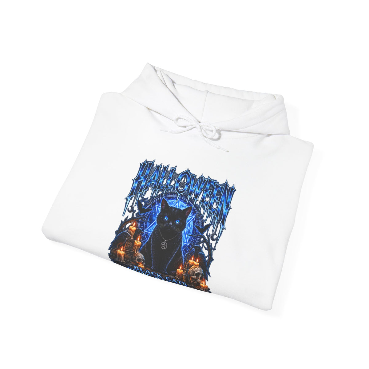 Black Cat Ritual Hoodie in White — folded view