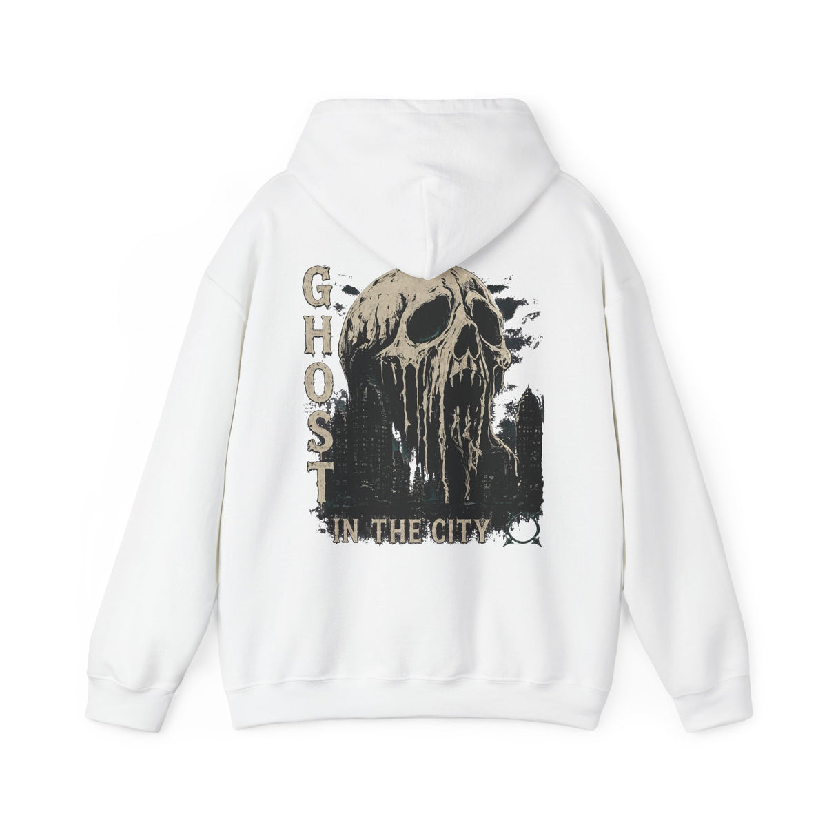 Ghost in the City Skull Hoodie in White — back view