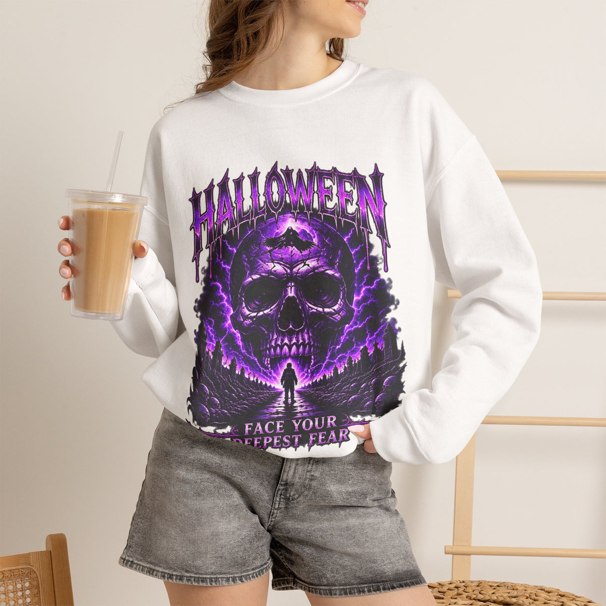 Deepest Fear Skull Sweatshirt in White — model view